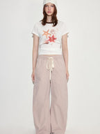 fano Pink Cotton Blend Drawstring Natural Waist Loose Korean Office Wide Leg Pants