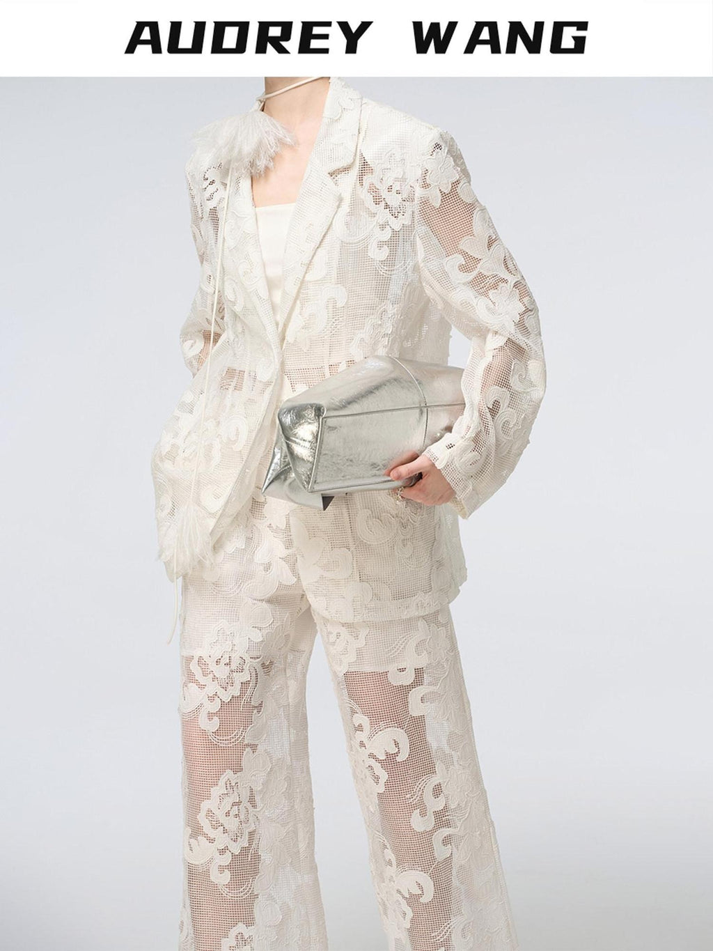 audreyyang Cotton Hollowout Loose Notched Lapel Workwear Women White Suit Top & Pants Sets