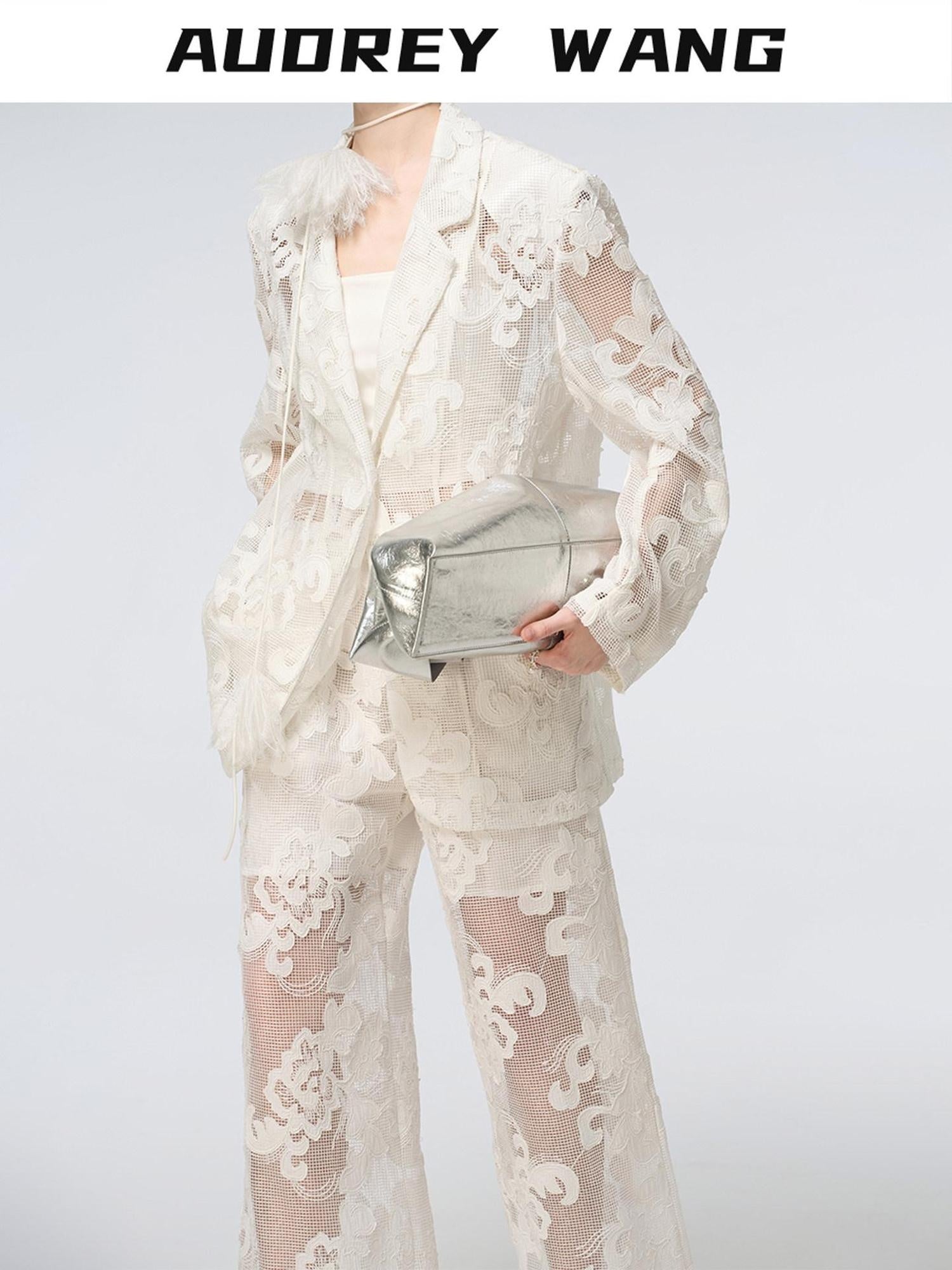 audreyyang Cotton Hollowout Loose Notched Lapel Workwear Women White Suit Top & Pants Sets