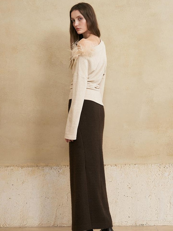 someone sometimes Lined Mid Waist Slit Casual Straight Knit Dark Brown Daily Maxi Skirts