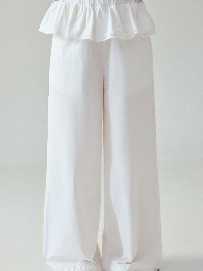 fano Pure Cotton Elastic Waist Loose Korean Office Natural Waist White Straight Pants