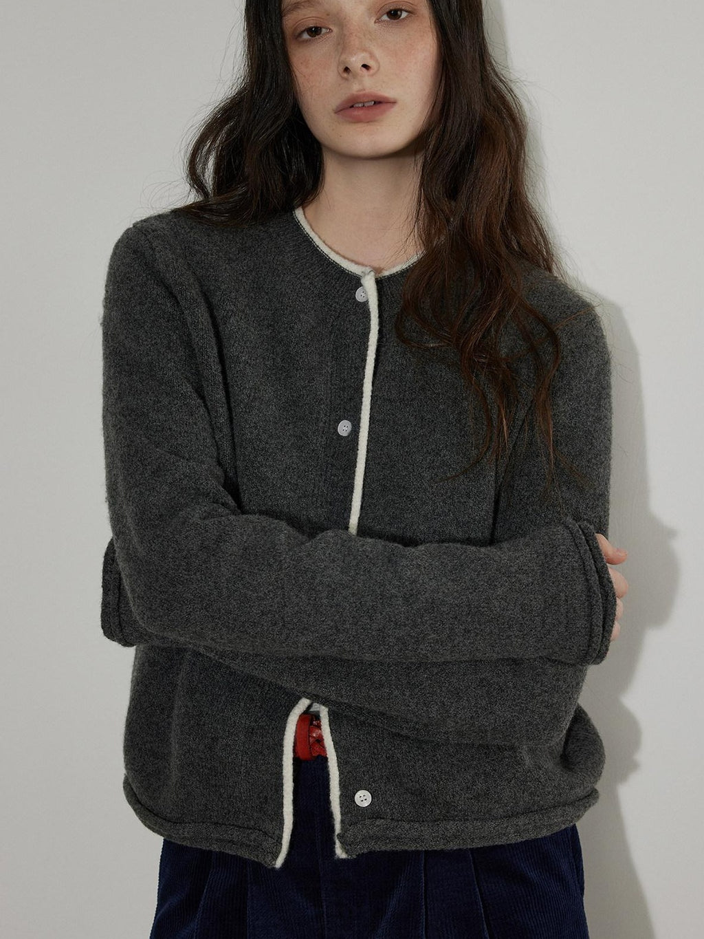 Lofi choose Cozy Contrast Trim Rolled Cuff Relaxed Fit Office Women Knit Button Cardigans