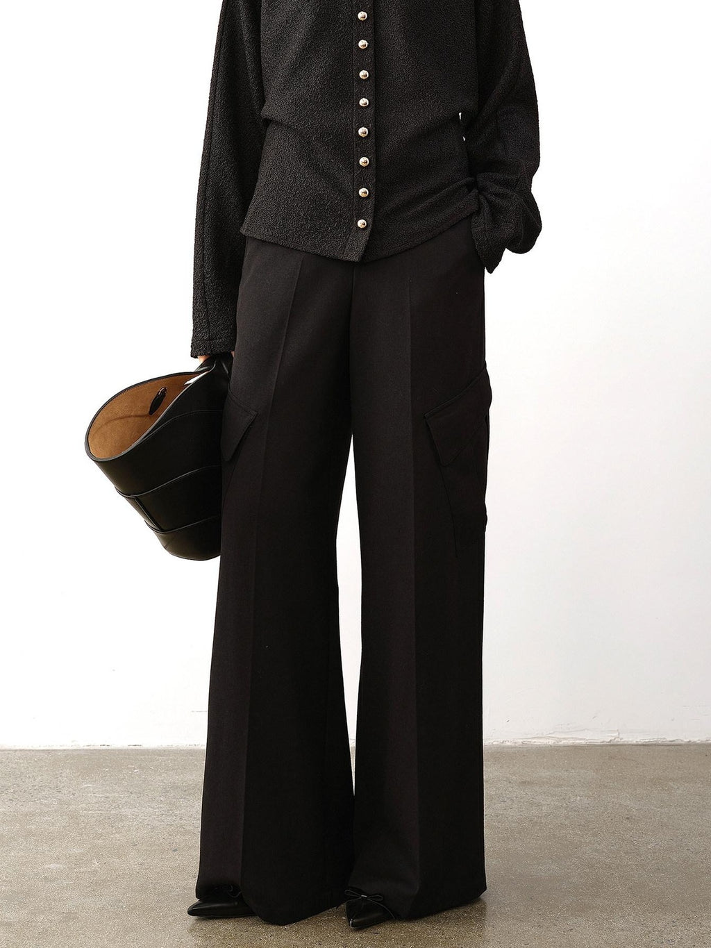 audreyyang High Waist Korean Workwear Black Polyester Viscose Wide Leg Pants