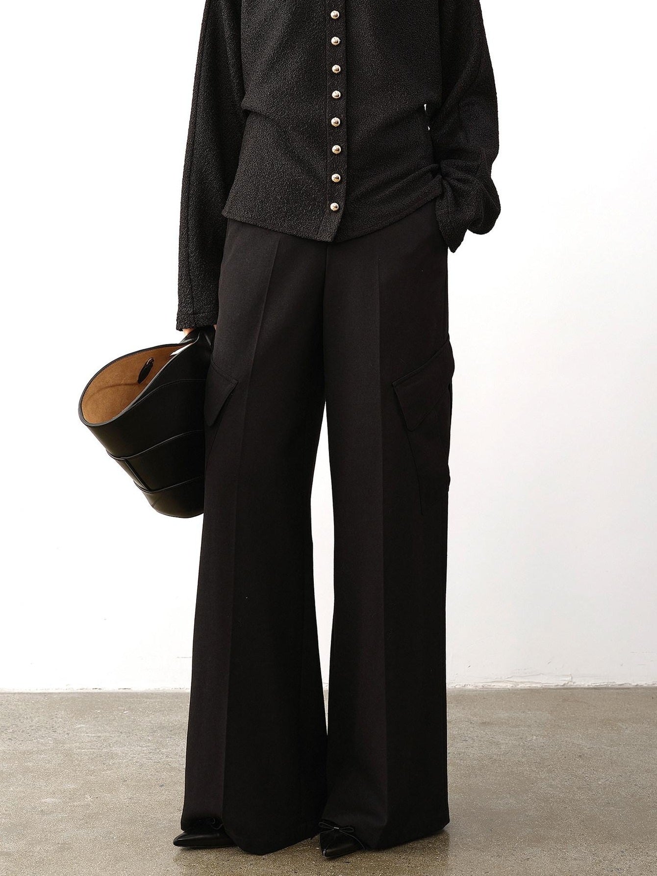 audreyyang High Waist Korean Workwear Black Polyester Viscose Wide Leg Pants