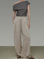 unspoken Minimalist High Waist Elastic Office Loose Striped Polyester Wide Leg Pants