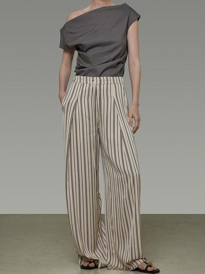 unspoken Minimalist High Waist Elastic Office Loose Striped Polyester Wide Leg Pants