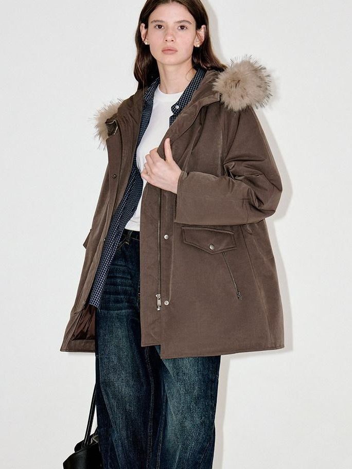 fano Warm 90% White Duck Down Korean Straight Mid Women Red Brown Collar Down Jackets