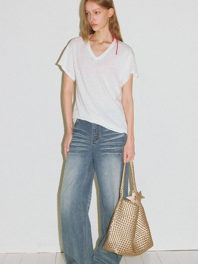 fano High Waist Wide Leg Zipper Fly Loose Light Blue Denim Straight Leg Jeans