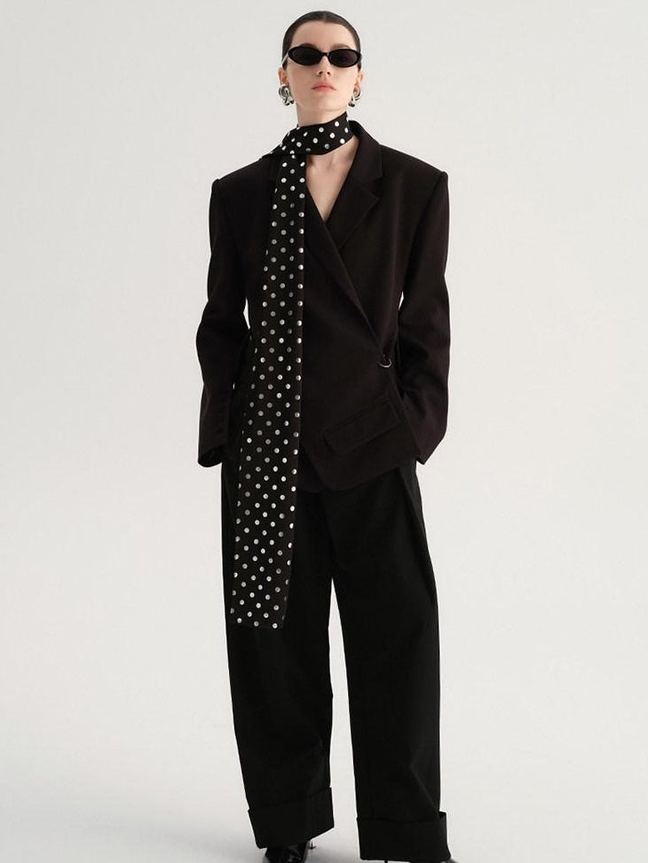 audreyyang Crossover Waist Office Relaxed Fit Women Double Breasted Black Blazers