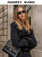 audreyyang 100% Sheep Wool Double Breasted Midlength Straight Women Black Wool Coats