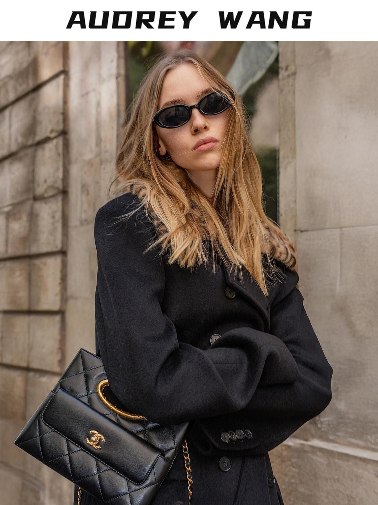 audreyyang 100% Sheep Wool Double Breasted Midlength Straight Women Black Wool Coats