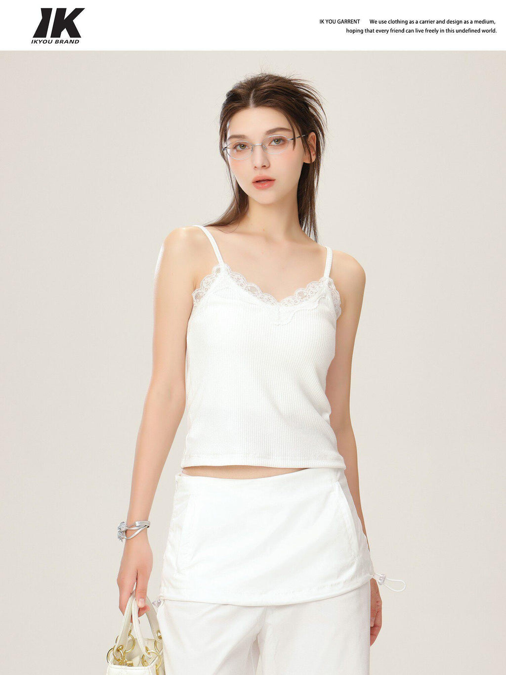 ikyou Lace V-neck Slim Fit Slight Stretch Daily Wear Women White Short Thin Camisoles