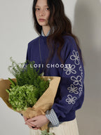 Lofi choose Floral Print Loose Fit Office Crewneck Women Blue Gray Long Sleeve Sweatshirt
