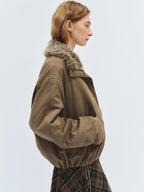 someonesometimes Lyocell Cotton Blend Relaxed Stand Collar Zip Women Beechwood Green Short Coat