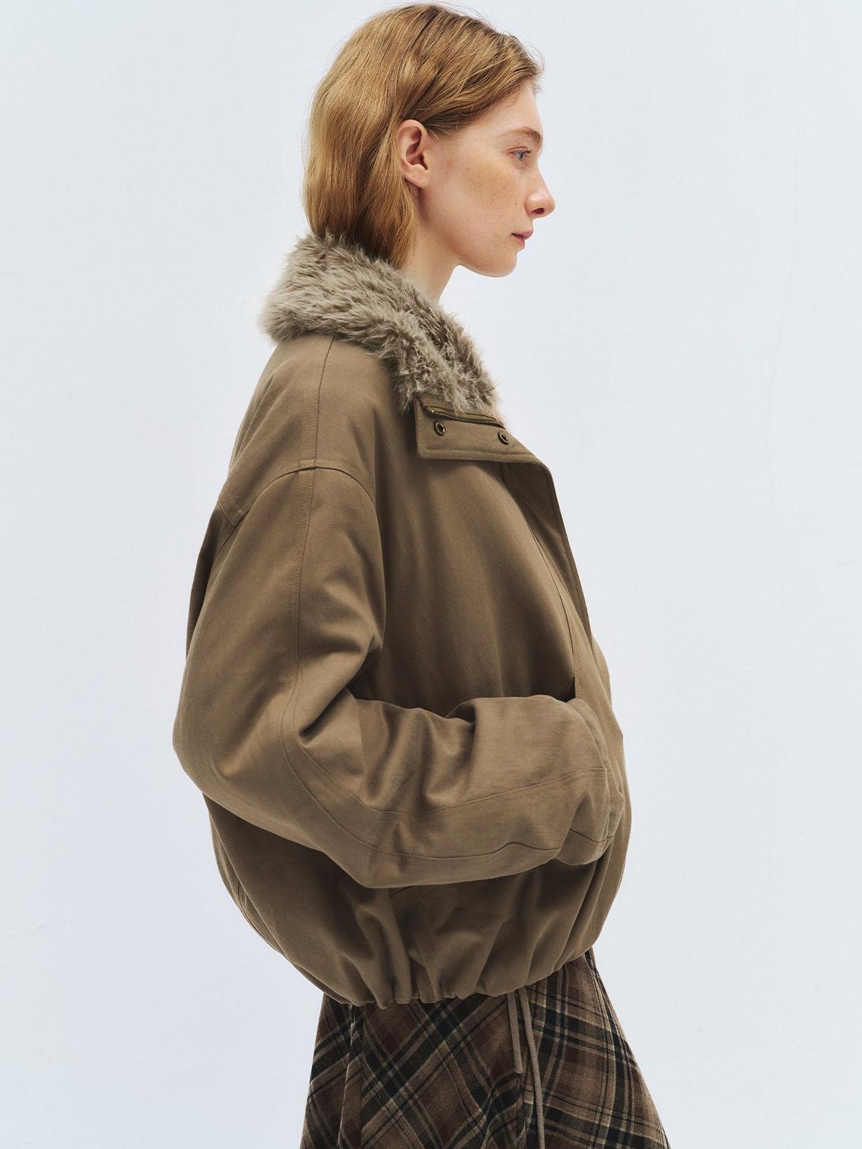 someonesometimes Lyocell Cotton Blend Relaxed Stand Collar Zip Women Beechwood Green Short Coat