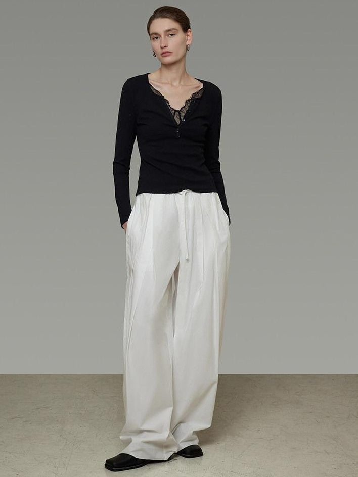 unspoken Viscose Knit Casual Slim Lace Trim Women V-neck Long Sleeve Black Blouses