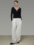 unspoken Viscose Knit Casual Slim Lace Trim Women V-neck Long Sleeve Black Blouses