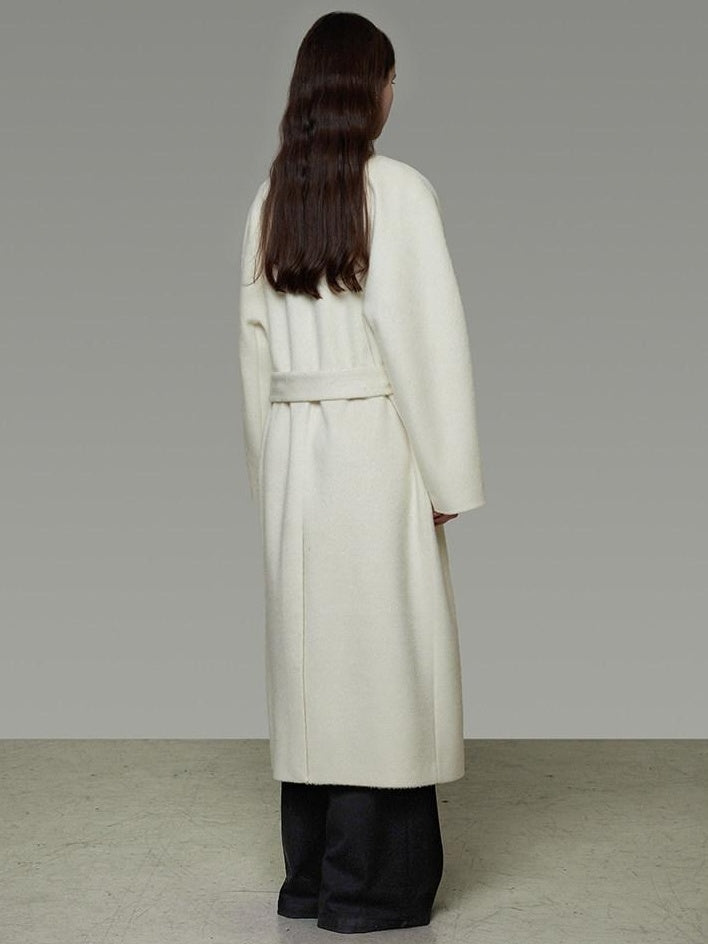 unspoken Lambswool Blend Tie Waist Oversized Commuter Longline White Wool Coats