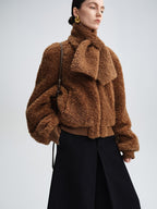 audreyyang Lambswool Trim Stand Collar Straight Short Zip Women Casual Bomber Jackets