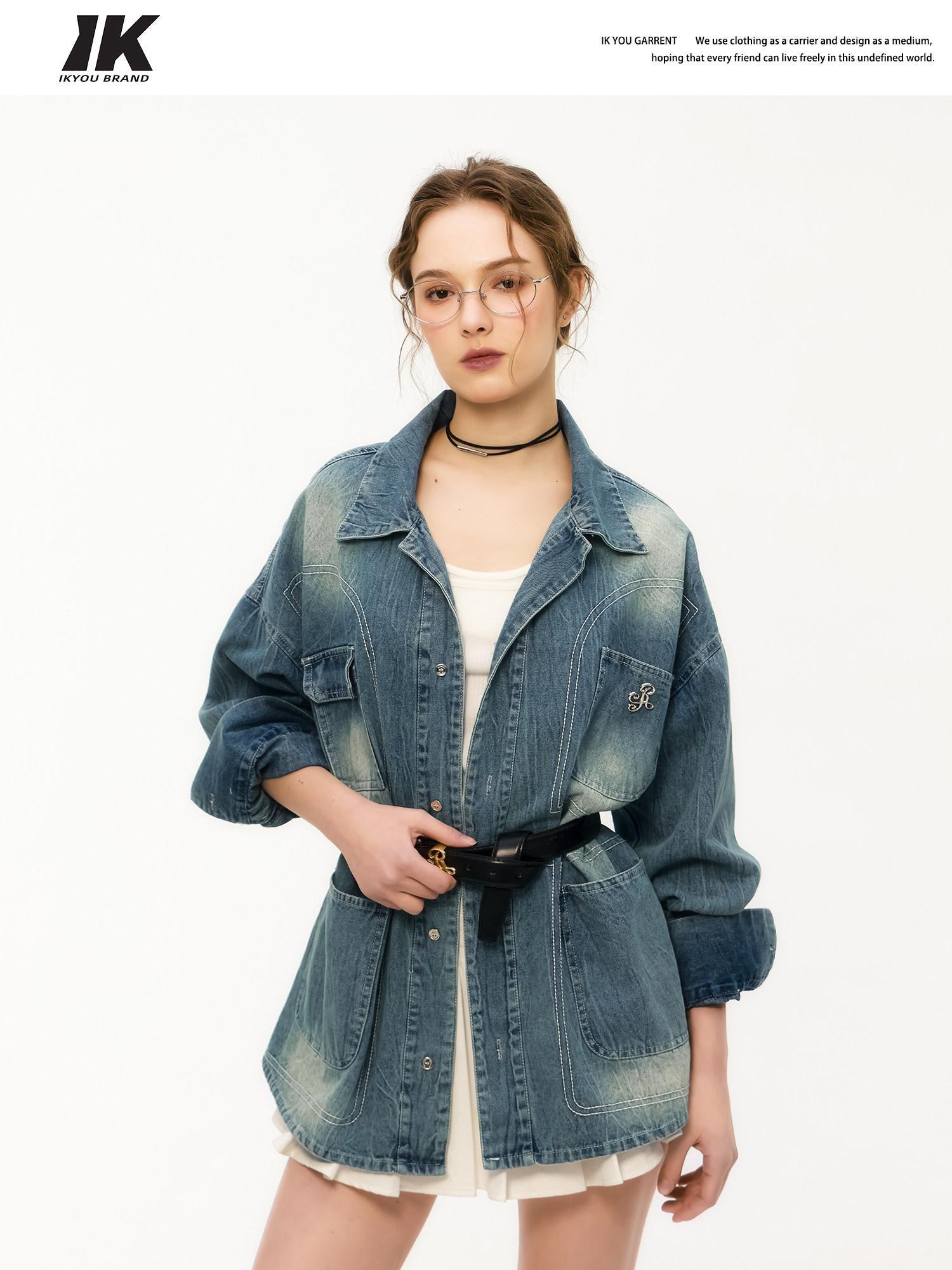 ikyou Shape Retaining Vintage Loose 3D Detail Women Midlength Blue Denim Jackets