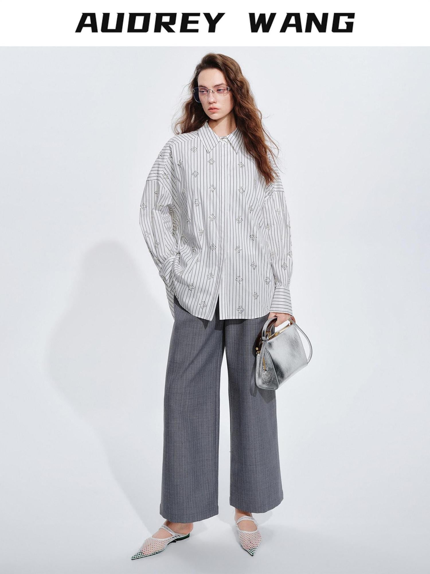 audreyyang Holds Shape Casual Loose Colorblock Striped Drop Shoulder Women Cotton Shirts