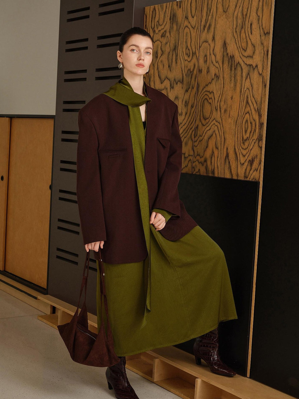 audreyyang Original Loose Fit Herringbone Wool Collarless Open Front Casual Women Blazers