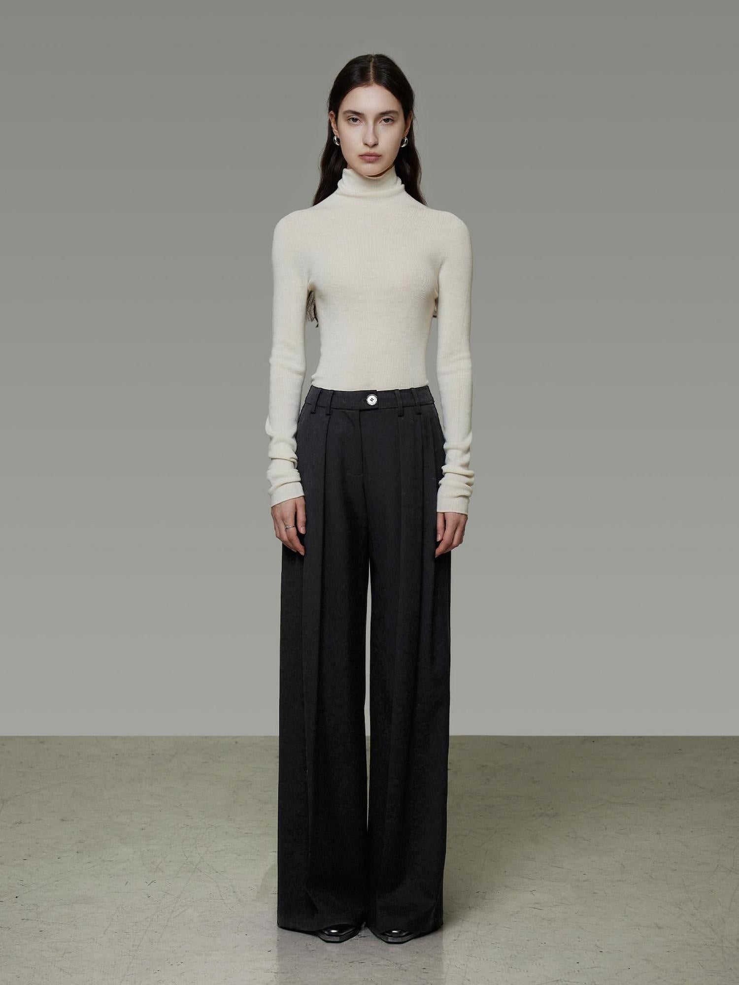 unspoken High Waist Pleated Skin Friendly Breathable Minimal Commuter Black Wide Leg Pants