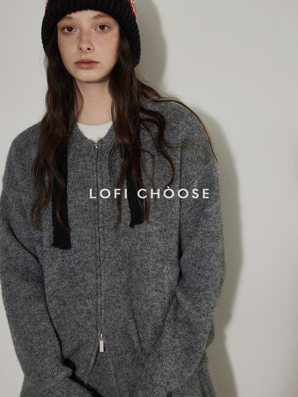 Lofi choose Knit Wool Blend Zip Cardigan Loose Fit Office Gray Short Skirt Top & Skirt Sets