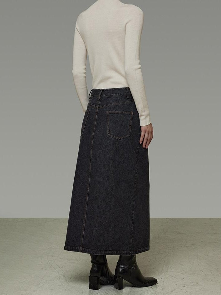 unspoken Warm Buttoned Panel Slim High Waist Long Sleeve Women Black Top & Skirt Sets