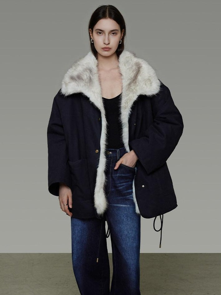 unspoken Fur Lined Thick Minimal Commuter Loose 3D Tailored Cotton Navy Puffer Jackets