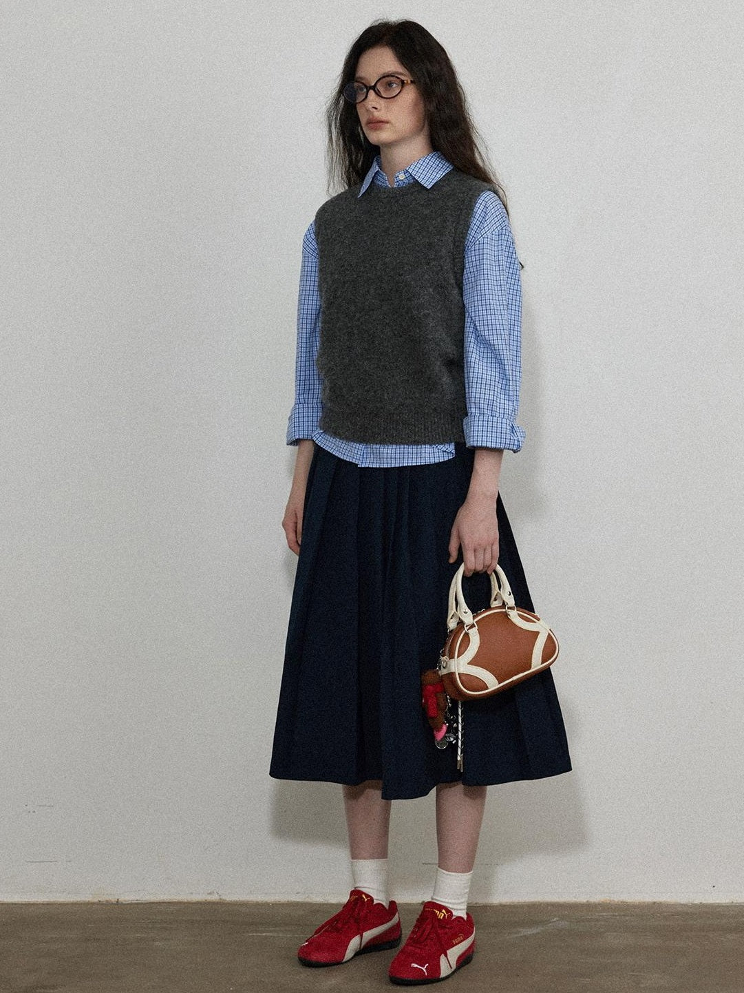 Lofi choose Stretch High Waist A Line Solid Navy Casual Skirt For Young Women Midi Skirts