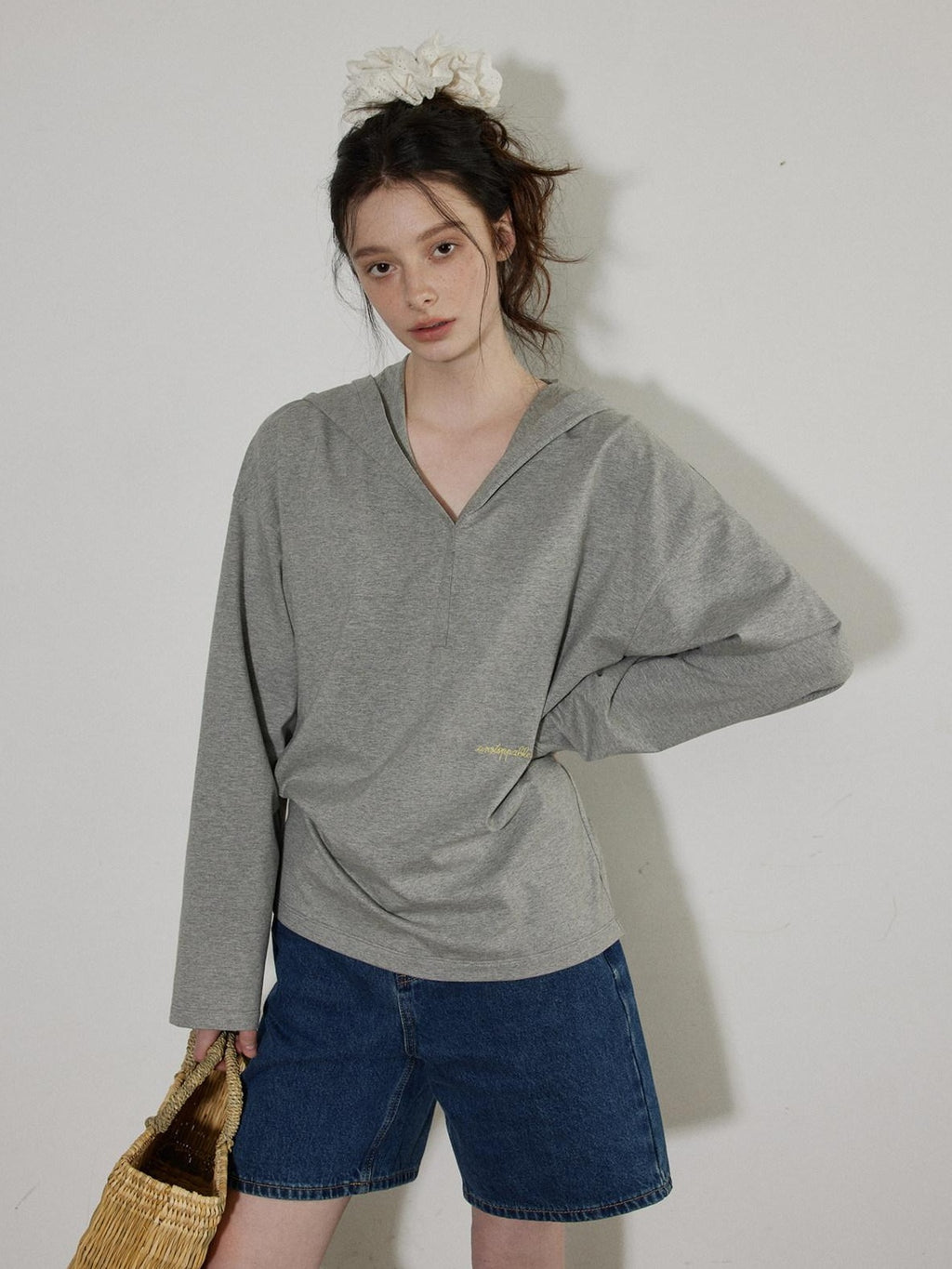 Lofi choose Cozy Loose Fit V-neck Hooded Commuter Style Women Green Gray Hoodie