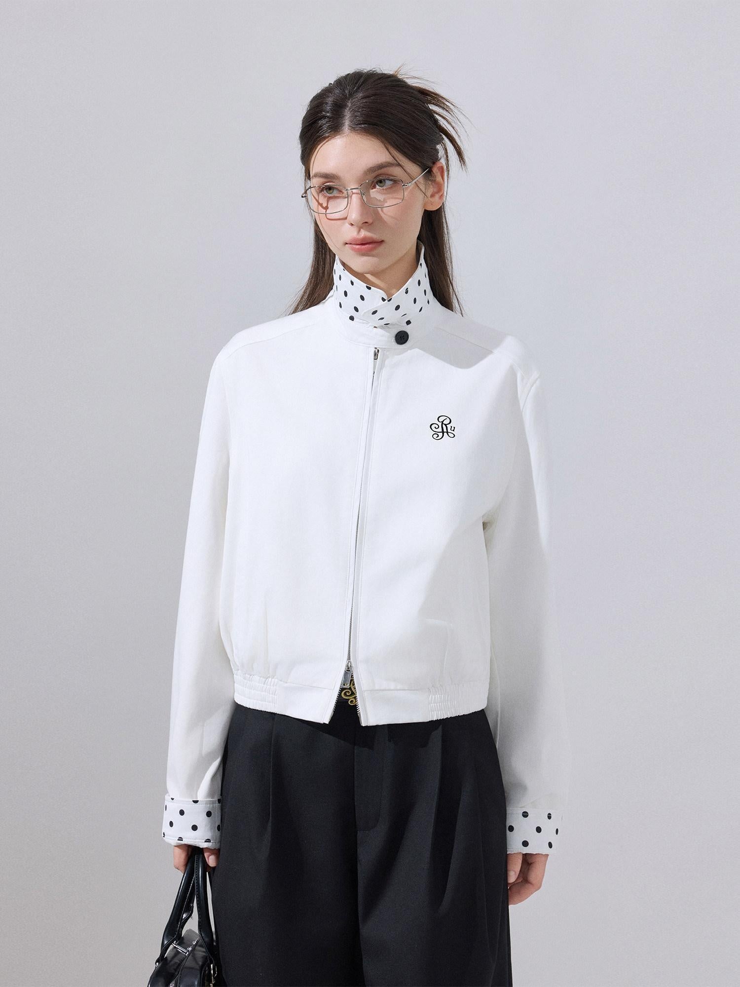 ikyou Ultra Light Lyocell Cotton Casual Stand Collar Short Zip White Cropped Jackets