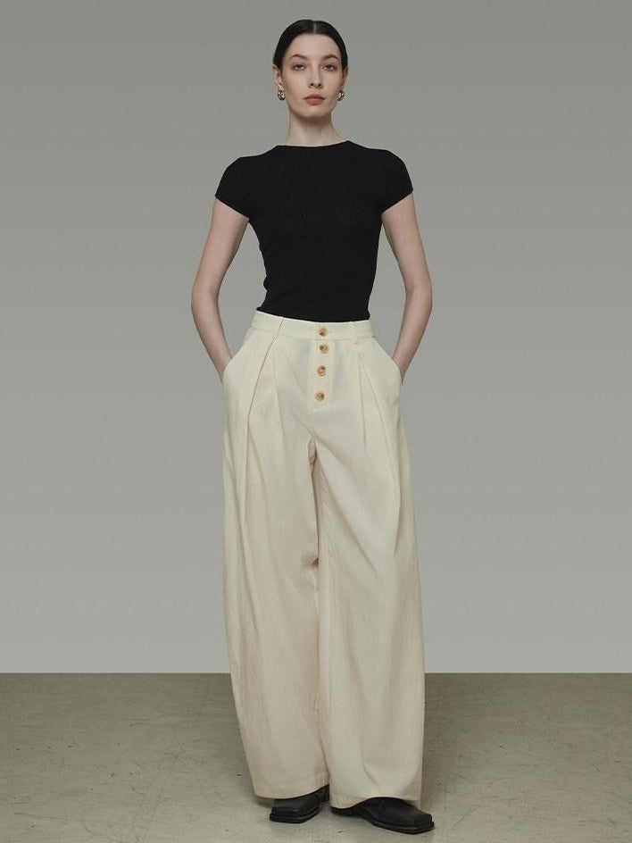 unspoken High Waist Lyocell Blend Pleated Button Minimal Workwear Wide Leg Pants