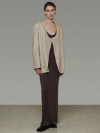 unspoken Breathable Tencel Loose Collarless No Button Minimalist Beige Women Blazers