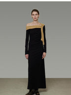 Breathable Lyocell Knit Slim A Line Waist Cinch V-neck Black Ladies Maxi Dresses