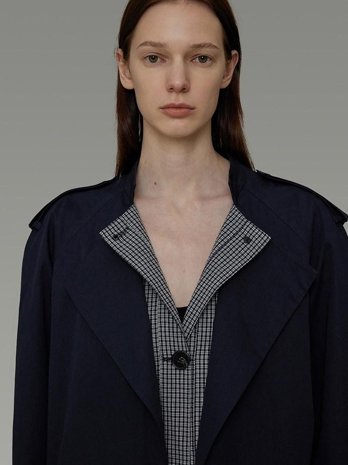 unspoken Minimal Navy Plaid Single Breasted Midlength Relaxed Women Trench Coats