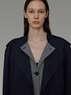 unspoken Minimal Navy Plaid Single Breasted Midlength Relaxed Women Trench Coats