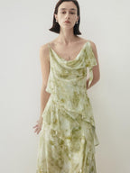 someone sometimes Viscose Asymmetric Ruffle Hem Cinched Waist Aline Lake Green Maxi Dresses