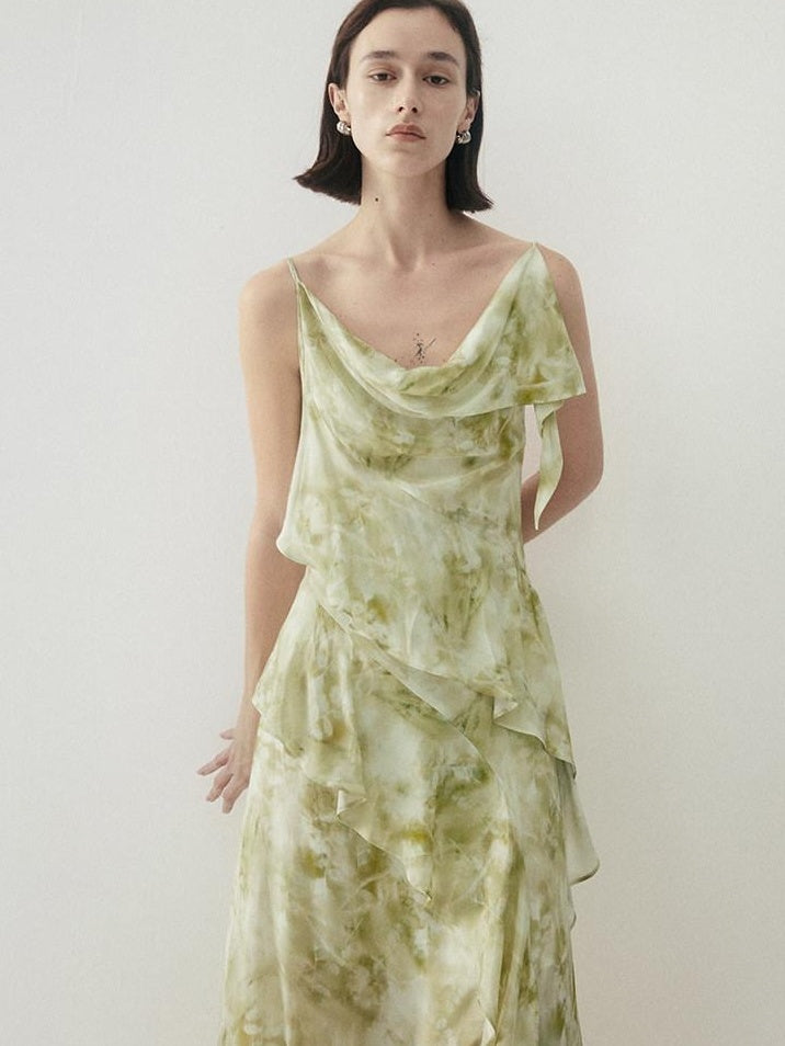 someone sometimes Viscose Asymmetric Ruffle Hem Cinched Waist Aline Lake Green Maxi Dresses