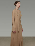 unspoken Breathable High Waist Sash V-neck Aline Longsleeve Office Polyester Maxi Dresses