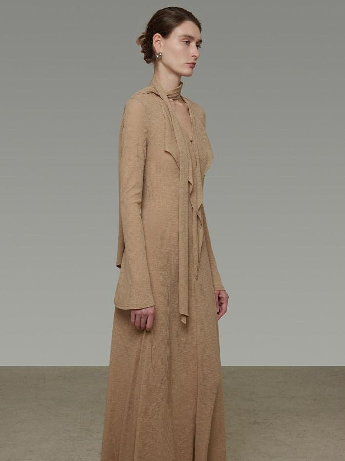 unspoken Breathable High Waist Sash V-neck Aline Longsleeve Office Polyester Maxi Dresses