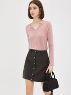 fano Soft V-neck Slim Fit Commuter Top For Women Solid Color Long Sleeve T-Shirts