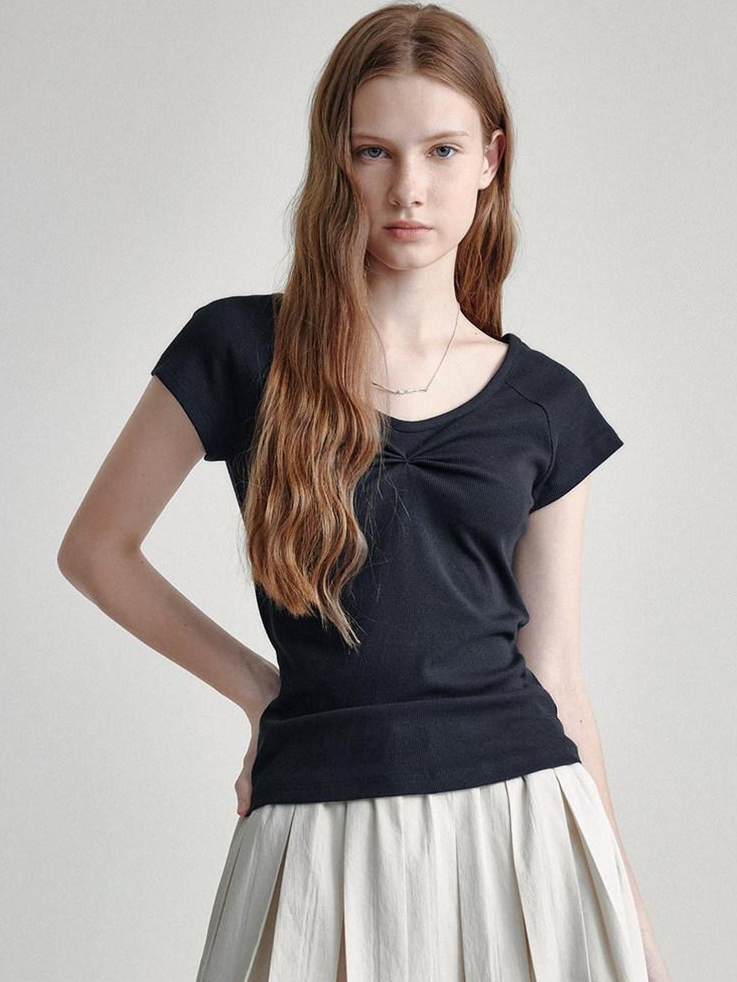 fano V-neck Drawstring Cotton Blend Minimal Straight Women Short Sleeve T-Shirts