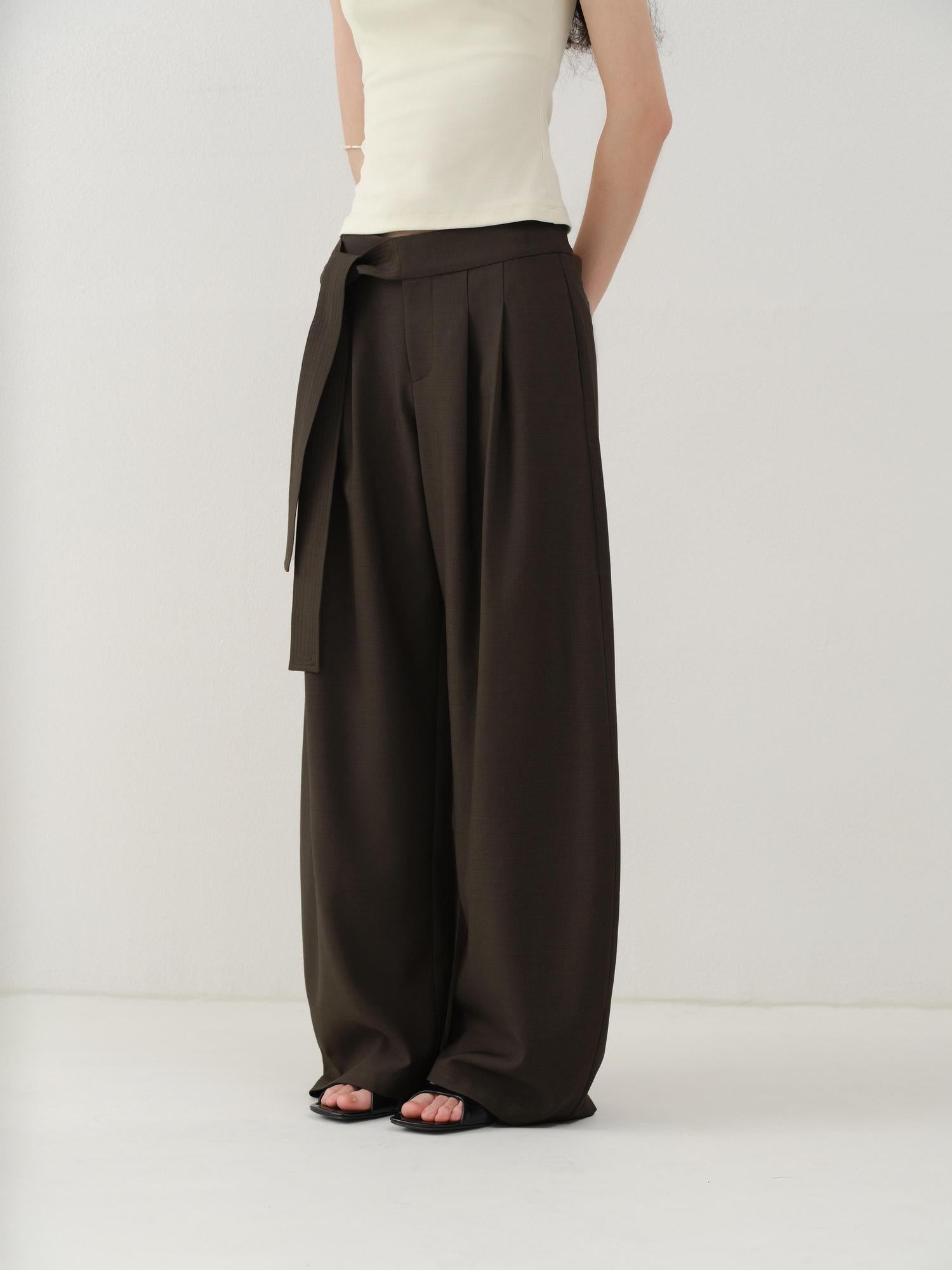 someonesometimes Minimalist Work Natural Waist Button Tea Brown Stretch Wide Leg Pants