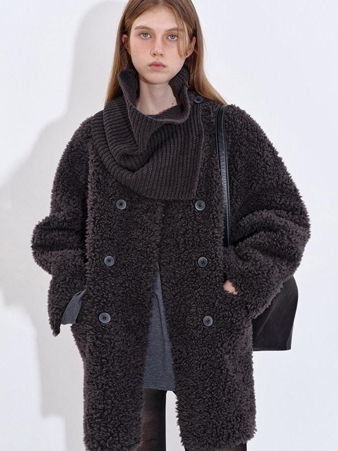 fano Cozy Faux Shearling Lined Loose Fit Double Breasted Midlength Women Long Coats