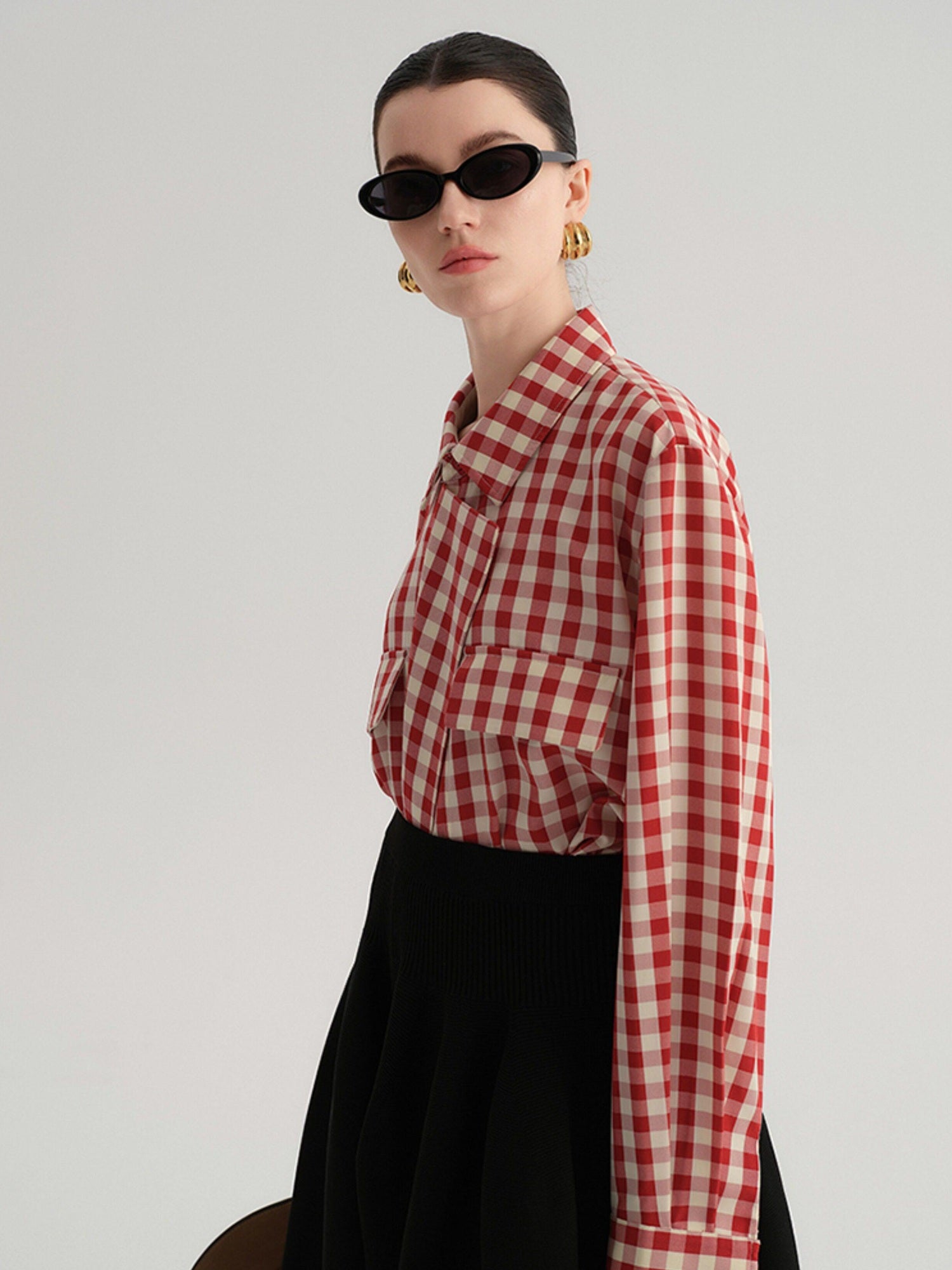 audreyyang Vintage Plaid Loose Fit Long Sleeve Collared Open Front Polyester Women Shirts
