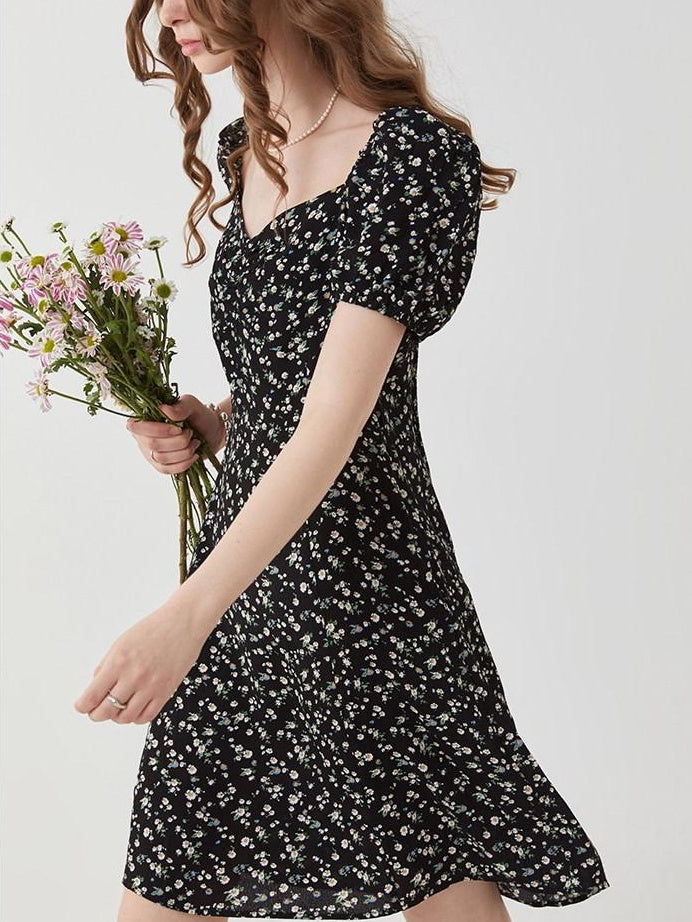 fano Viscose Square Neck Puff Sleeve A Line Casual Black Floral Maxi Dresses