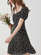 fano Viscose Square Neck Puff Sleeve A Line Casual Black Floral Maxi Dresses