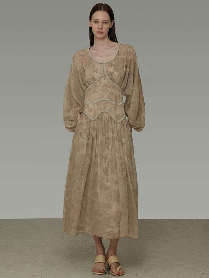 unspoken Casual Jacquard A Line Natural Waist Long Sleeve U Neck Khaki Women Maxi Dresses